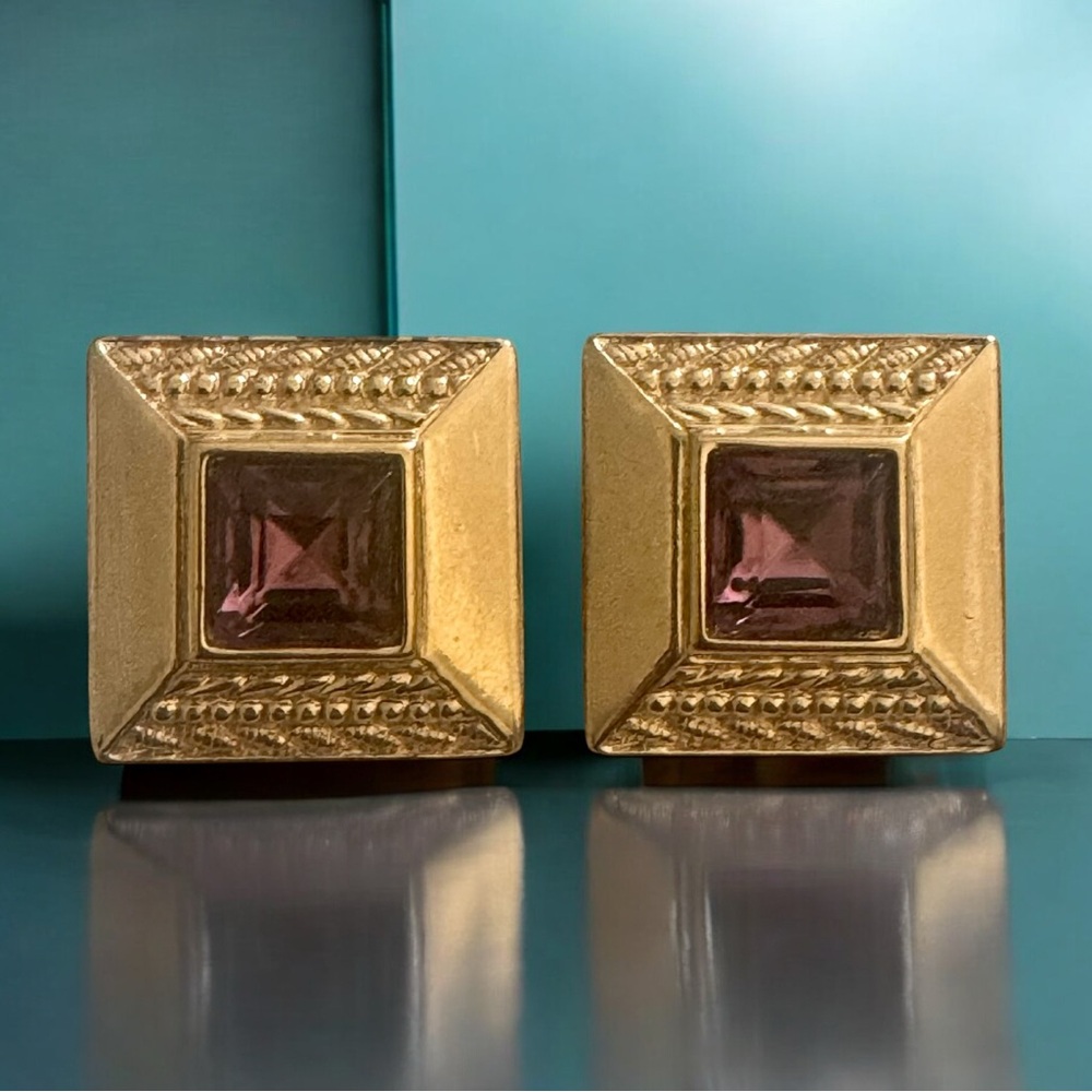 Vintage Monet Gold and Purple Amethyst Rhinestone Earrings